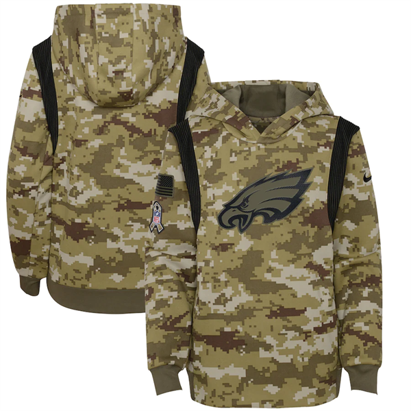 Youth Philadelphia Eagles 2021 Camo Salute To Service Therma Performance Pullover Hoodie